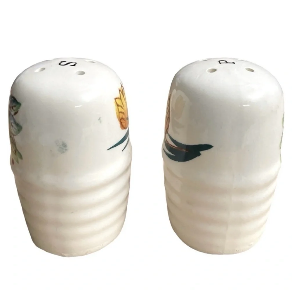 Vintage Hand Painted Floral Salt & Pepper Shakers Handles Portugal Style